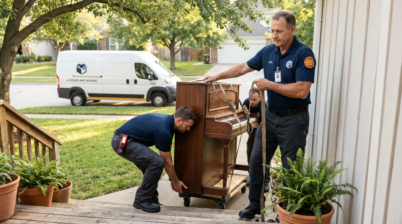 Licensed piano movers securing grand piano in Catskill, NY